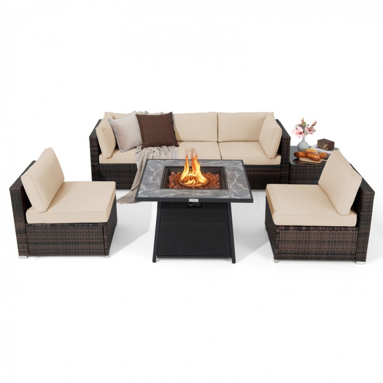 7-piece patio furniture set featuring a propane gas fire pit table with beige cushions, ideal for outdoor relaxation.