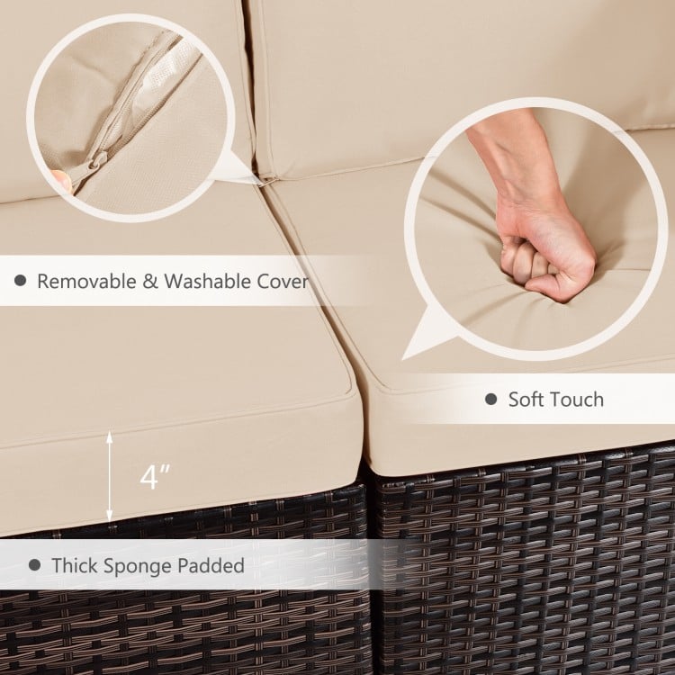 Close-up of soft, thick sponge padded cushions with removable covers for the 7-piece patio furniture set in beige.