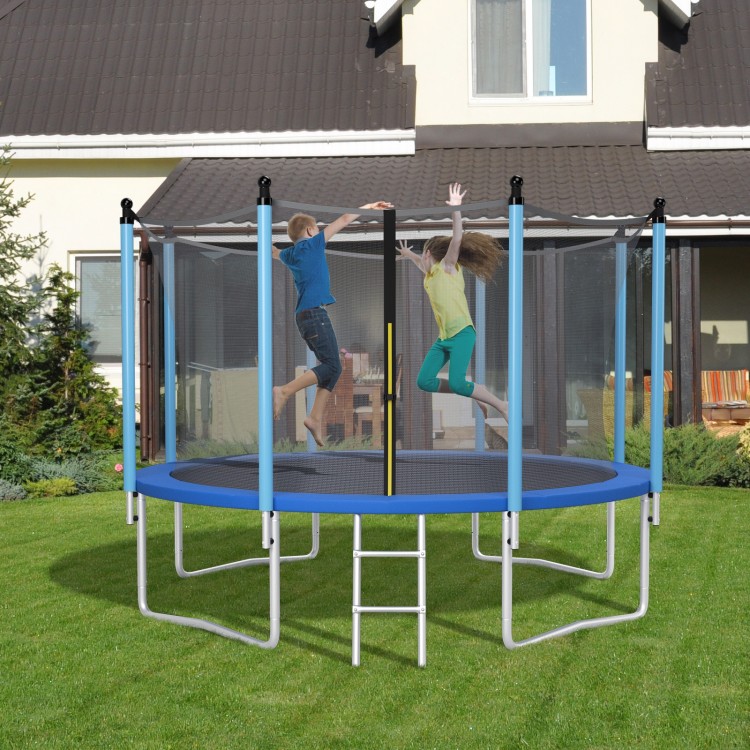 Blue 8 feet trampoline safety pad with fixing straps, featuring anti-tear surface and edge-to-edge protection for safe.