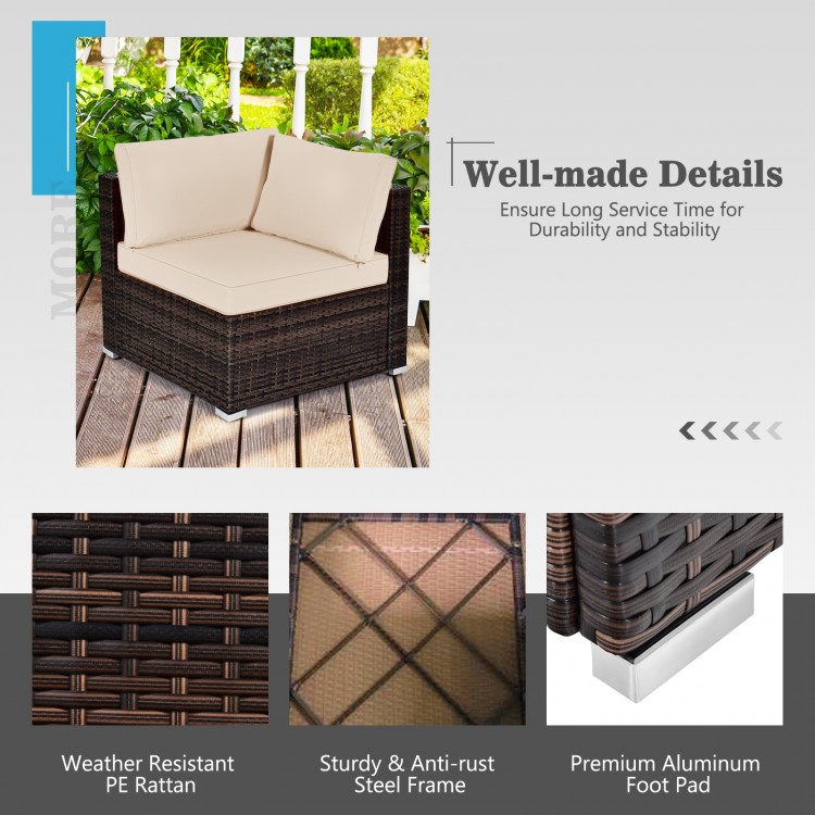 Corner view of the 7-piece patio furniture set featuring weather-resistant PE rattan and soft beige cushions for.