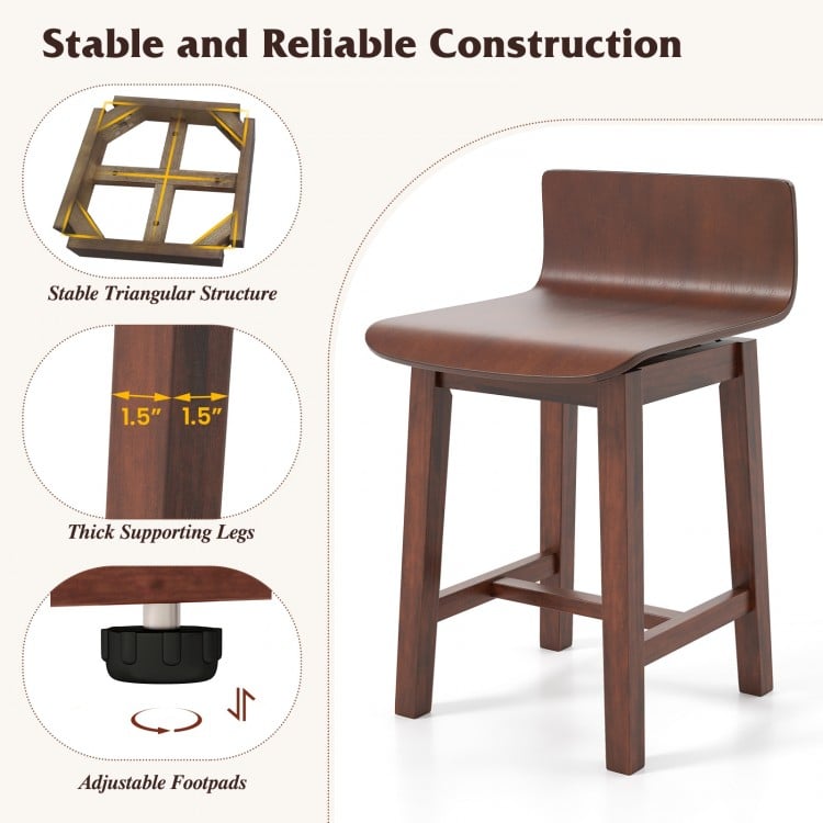 Swivel dining chair with low back and curved seat in walnut, featuring adjustable footpads for stability and comfort.