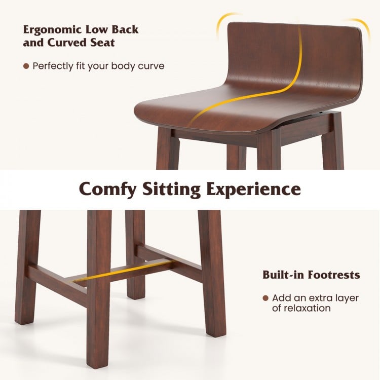Swivel dining chair with low back and curved seat in walnut, featuring built-in footrests for added comfort.