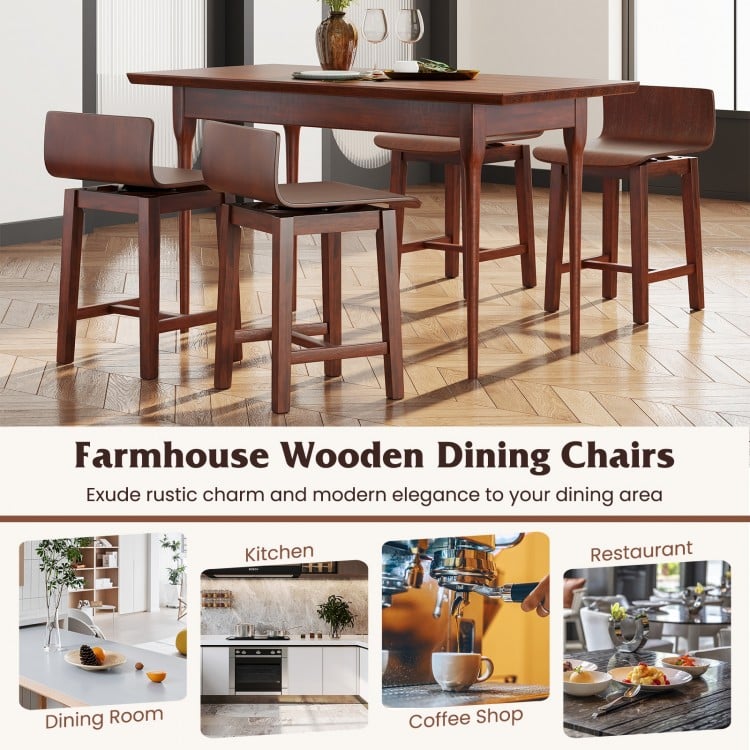 Swivel dining chair set of 2 with low back and curved seat in walnut, perfect for dining rooms and coffee shops.