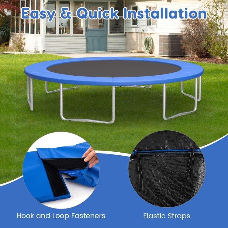 8 feet blue trampoline safety pad with elastic straps and hook and loop fasteners for secure installation and edge.