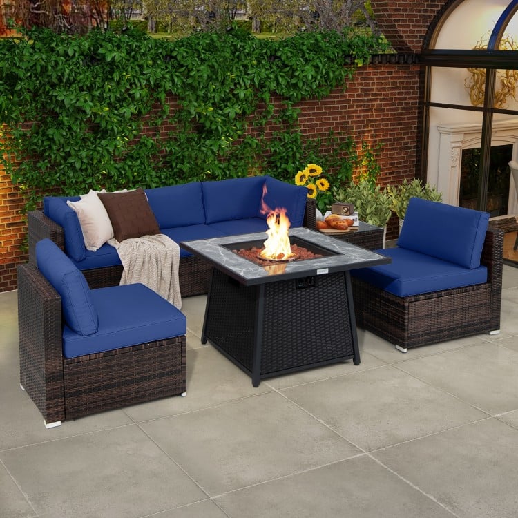 7-piece patio furniture set featuring a navy color scheme and a 35-inch propane gas fire pit table for outdoor.