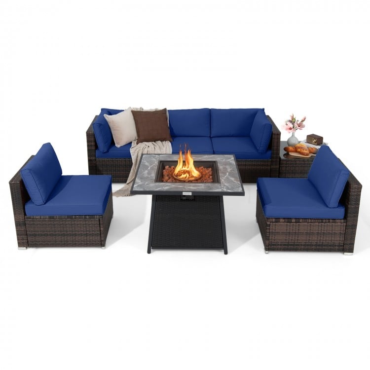 7-piece patio furniture set with navy cushions and a 35-inch propane gas fire pit table for outdoor relaxation.