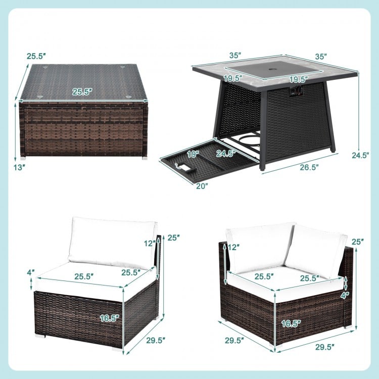 7-piece patio furniture set featuring a 35-inch propane fire pit table with waterproof cover and soft cushions for.