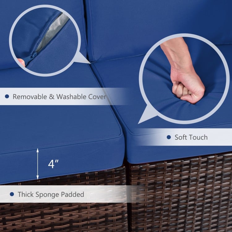 Close-up of soft, thick sponge padded cushions with removable covers for the 7-piece patio furniture set in navy.
