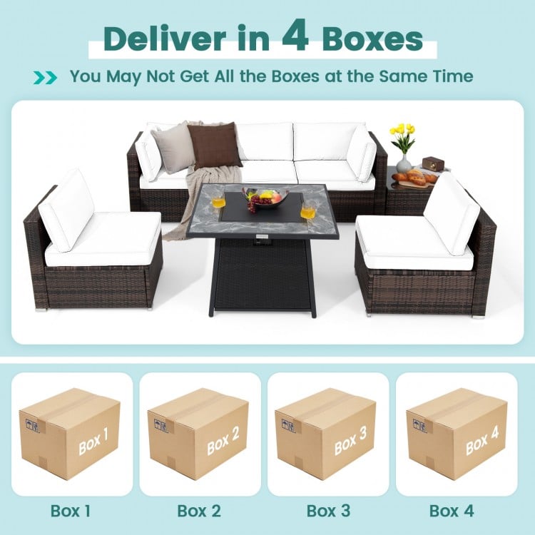 7-piece patio furniture set featuring a 50000 BTU fire pit table and soft cushions, ideal for outdoor relaxation.