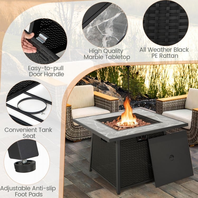 Patio furniture set featuring a 35-inch propane gas fire pit table with a black PE rattan design and waterproof cover.