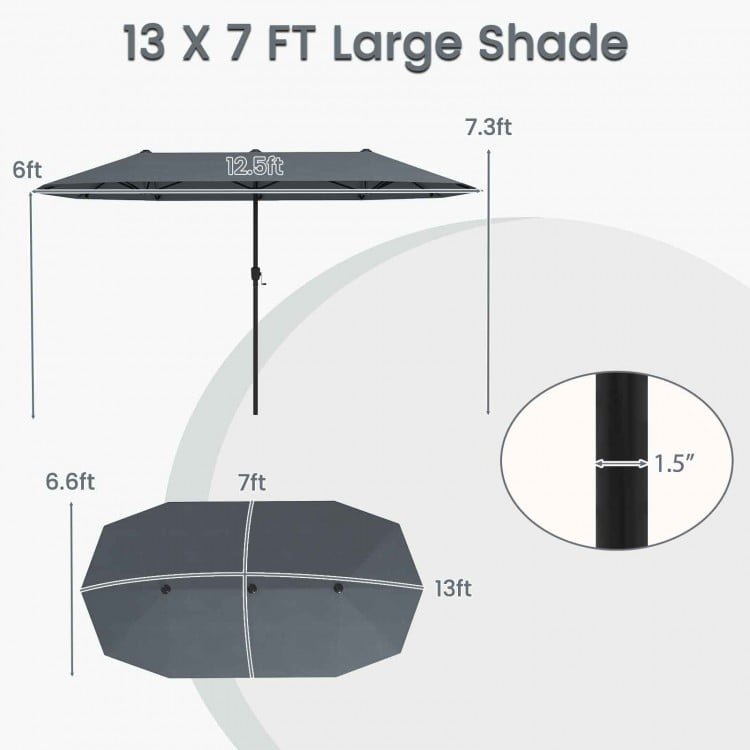 Dimensions of the 13 ft gray patio umbrella with double-sided design, perfect for maximizing outdoor shade coverage.