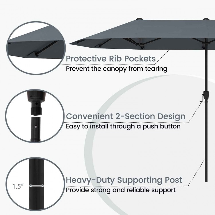 Large gray 13 ft patio umbrella with double-sided design, crank handle, and protective rib pockets for enhanced.