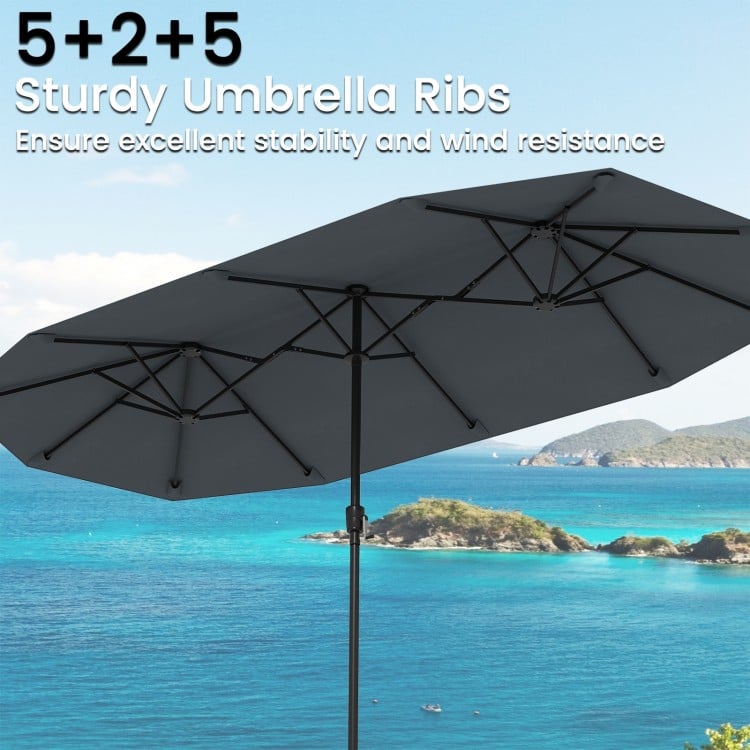 Large 13 ft gray patio umbrella with double-sided design and crank handle, perfect for poolside or patio shade.