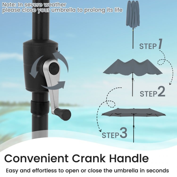 Crank handle for the 13 ft gray patio umbrella, showcasing easy opening and closing for convenient shade coverage.