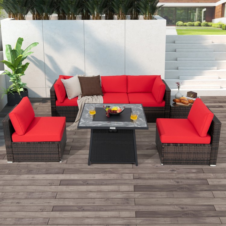 7-piece patio furniture set with red cushions and a 35-inch propane gas fire pit table for outdoor relaxation.
