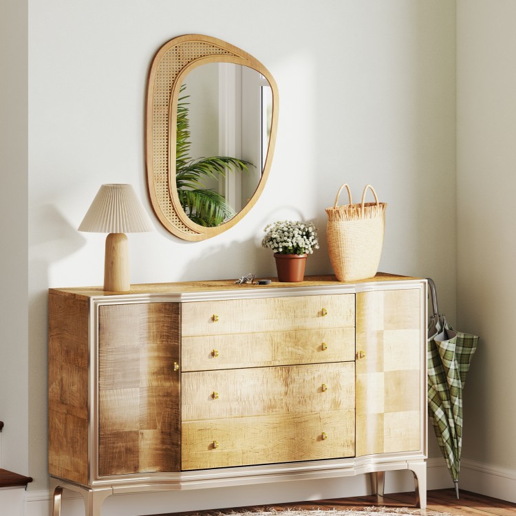 Bohemian irregular wall-mounted mirror with a sturdy wooden frame, perfect for entryway or living room decor.