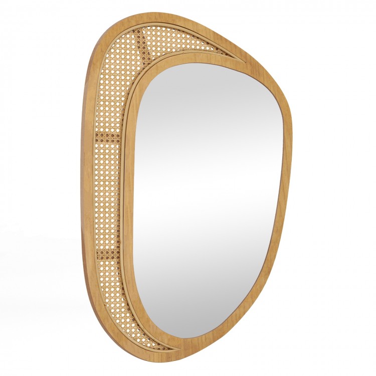 Bohemian irregular wall-mounted mirror with a natural wooden frame and rattan accents, perfect for entryway or living.