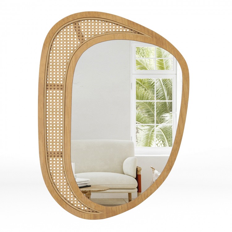 Bohemian irregular wall-mounted mirror with a natural wooden frame and rattan style, perfect for living room or.