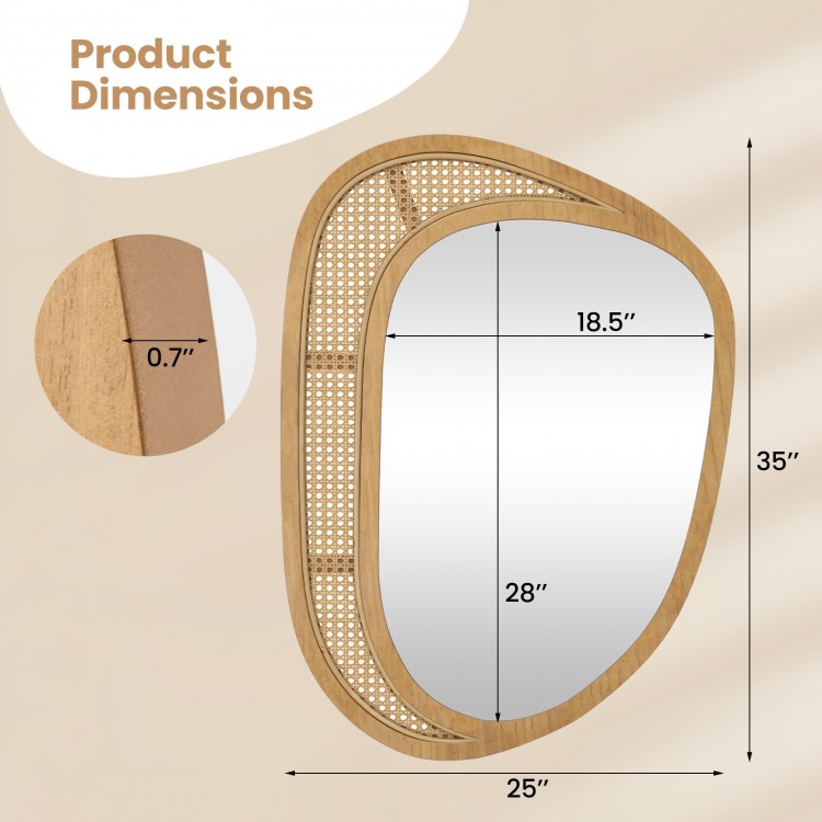 Bohemian irregular wall-mounted mirror with natural wooden frame, measuring 28" x 35", perfect for entryway or living.