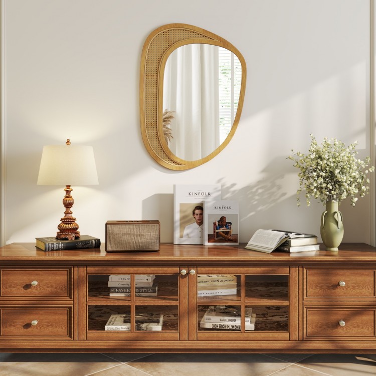 Bohemian irregular wall-mounted mirror with a sturdy wooden frame, perfect for adding rustic elegance to any room.
