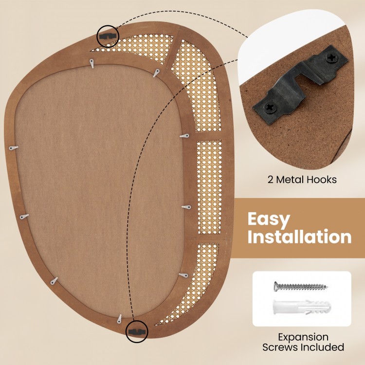 Irregular wall-mounted decorative mirror with wooden frame and rattan style, includes expansion screws for easy.