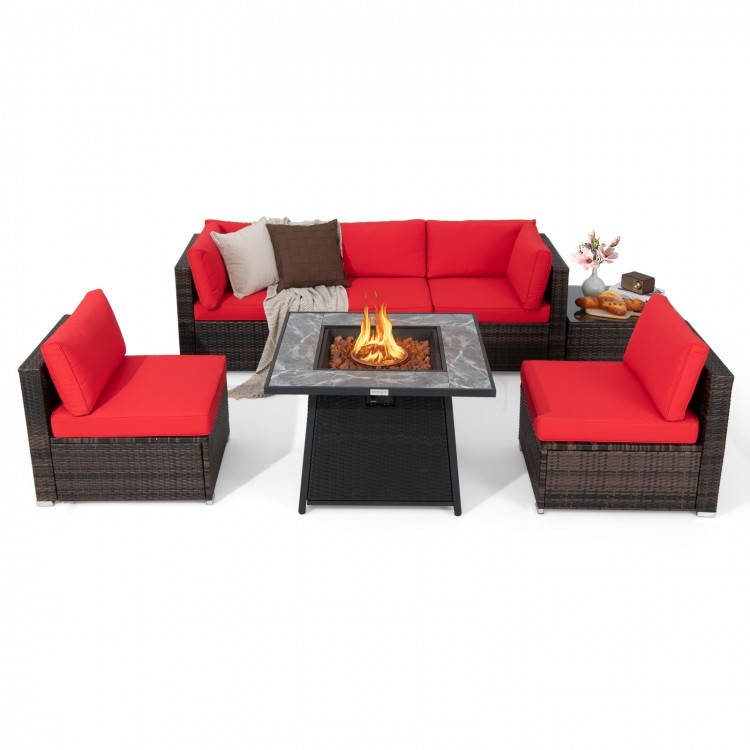 7-piece patio furniture set featuring red cushions and a 35-inch propane gas fire pit table for outdoor relaxation.