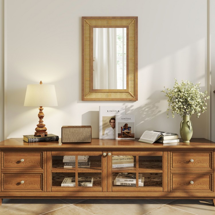 Rattan decorative wall mirror with wooden frame, ideal for living room or bathroom, showcasing rustic elegance and.