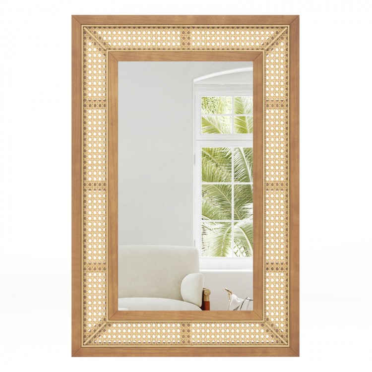 Rattan decorative wall mirror with wooden frame, ideal for bathroom or living room, showcasing rustic elegance and.