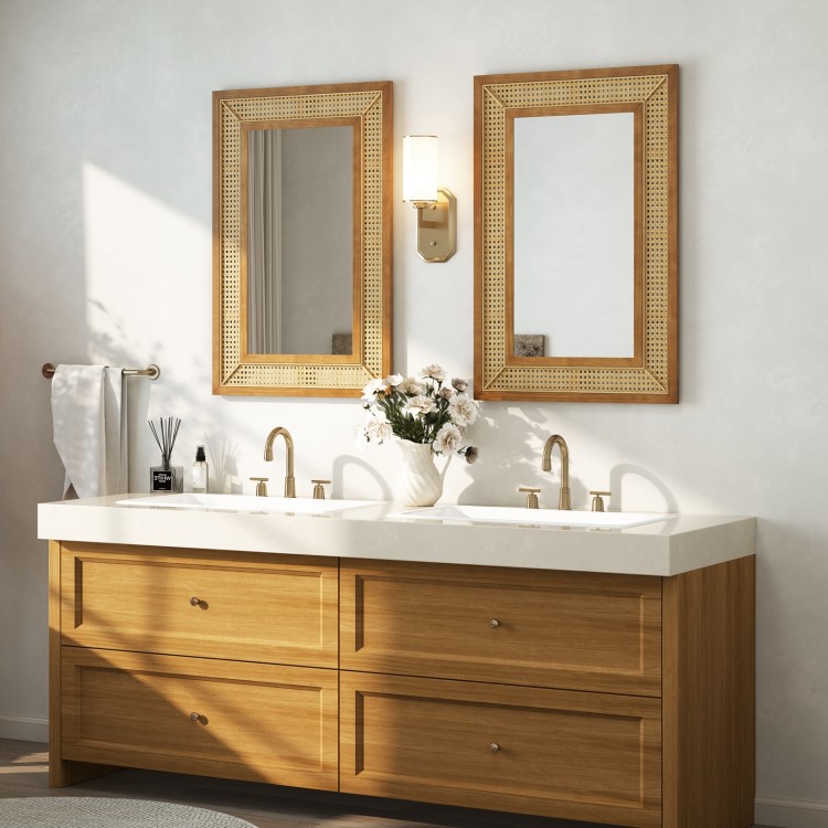 Rattan decorative wall mirror with wooden frame, ideal for bathroom or living room, showcasing rustic elegance.