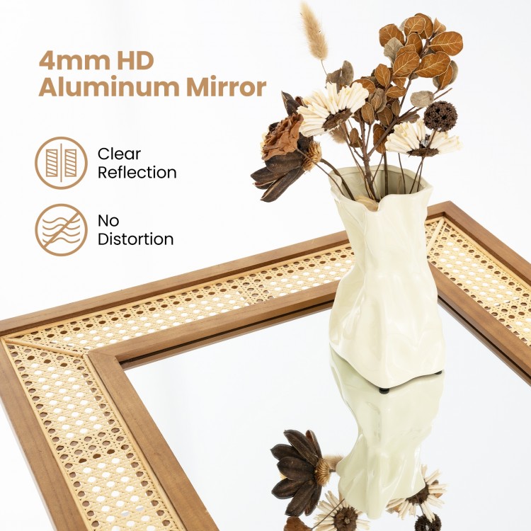 Rattan decorative wall mirror with wooden frame, featuring clear reflection and sturdy design for bathroom or living.