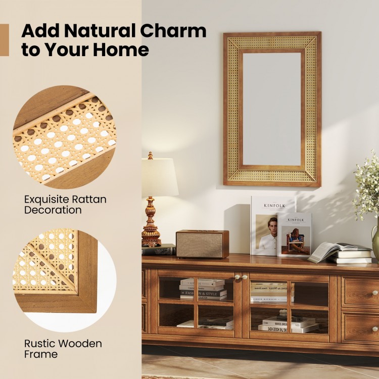 Rattan decorative wall mirror with a sturdy wooden frame, ideal for living room or bathroom, shown in a stylish setting.