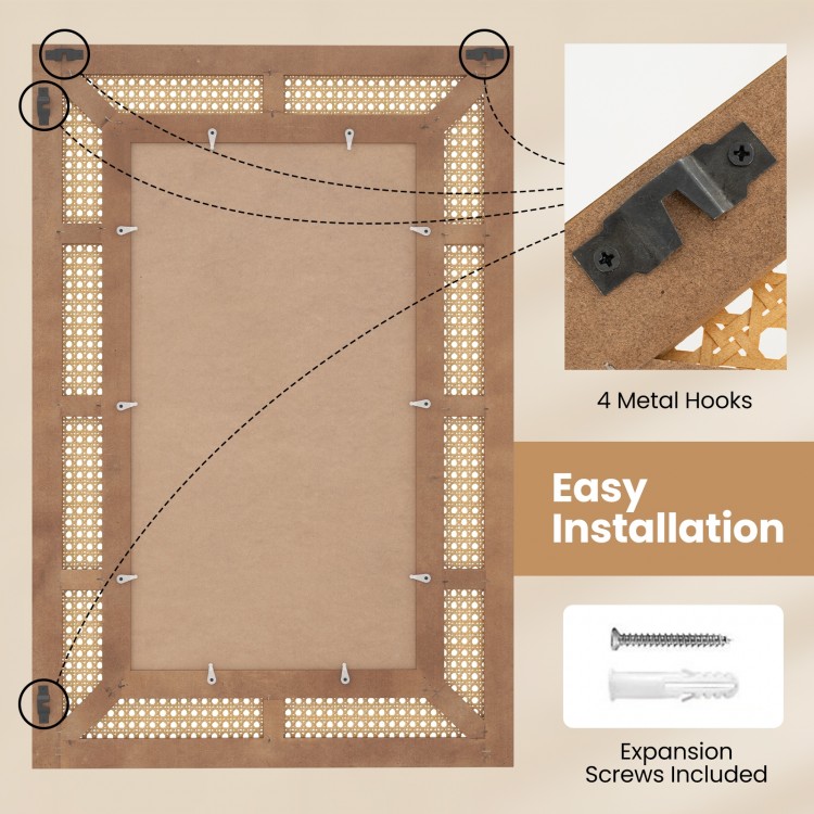 Rattan decorative wall mirror back view showing installation hooks and expansion screws for easy setup in any room.