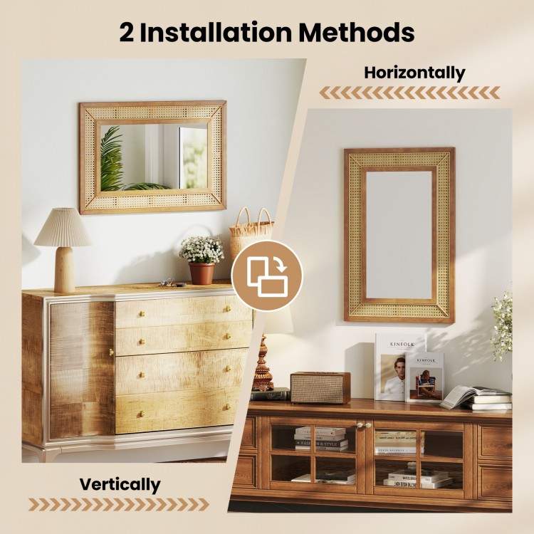 Rattan decorative wall mirror with wooden frame, shown installed vertically and horizontally for versatile placement.
