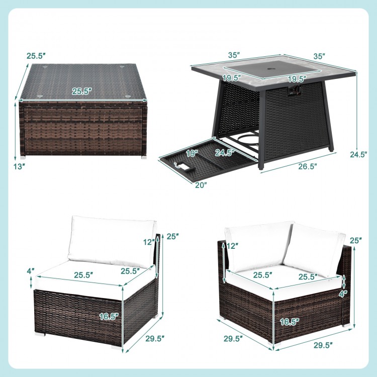 7-piece patio furniture set featuring a propane gas fire pit table and soft cushions, ideal for outdoor relaxation.