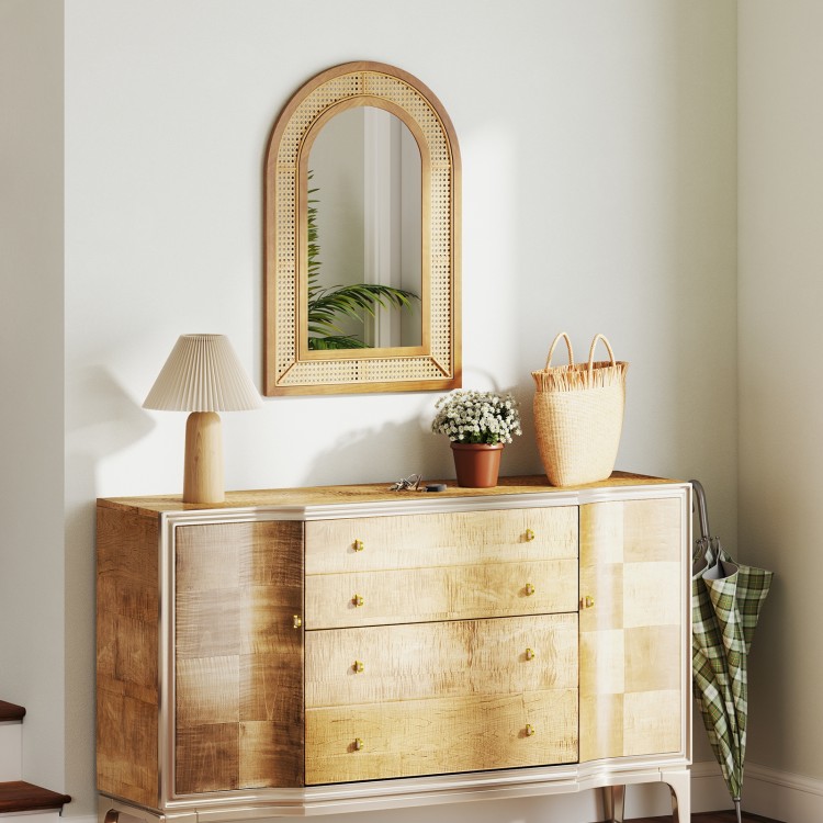 Rattan wall-mounted decorative mirror with wooden frame, 35.5"x23.5", ideal for entryway or living room elegance.
