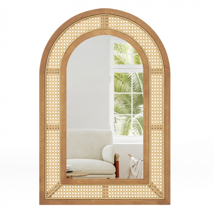 Arched rattan wall-mounted mirror with a natural wooden frame, 35.5"x23.5", perfect for adding rustic charm to any room.