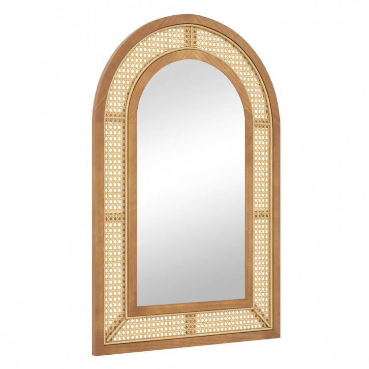 Rattan wall-mounted decorative mirror featuring an arched design and solid wooden frame, perfect for bedroom decor.