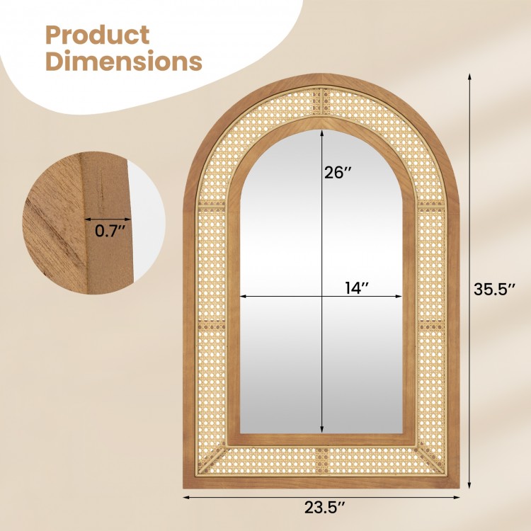 Rattan wall-mounted decorative mirror with wooden frame, measuring 35.5 x 23.5 inches, ideal for entryway or living.