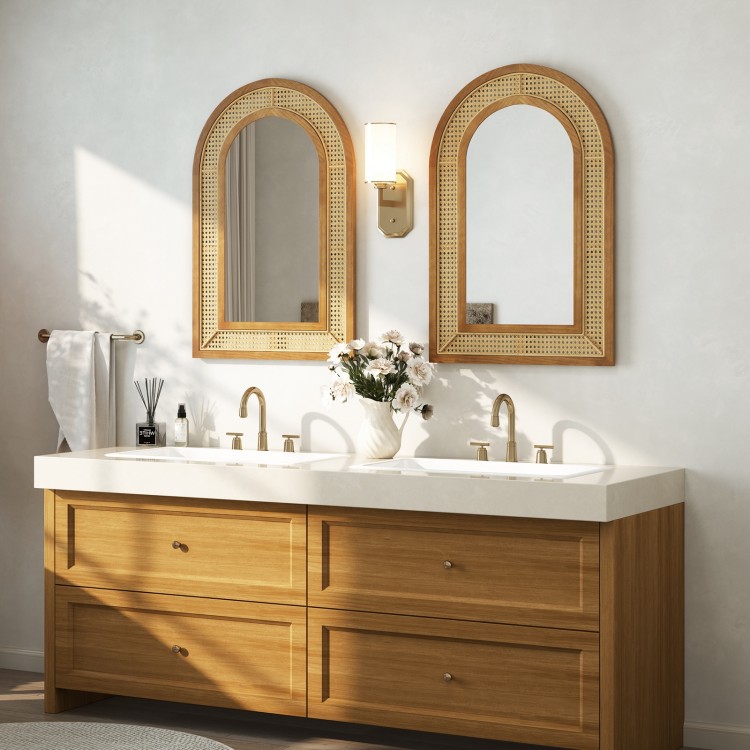 Rattan wall-mounted decorative mirror with wooden frame, showcasing rustic elegance for entryway or living room.