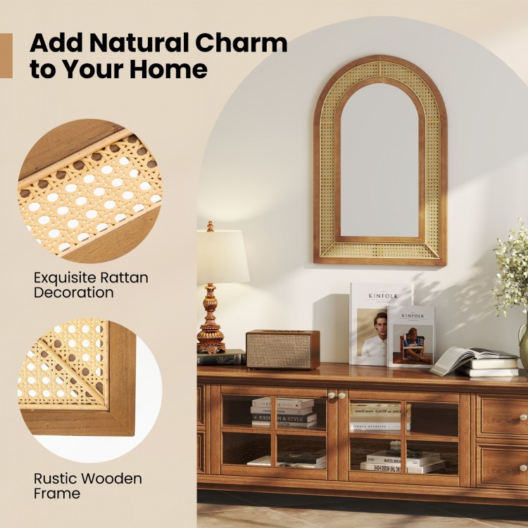 Rattan wall-mounted decorative mirror with a sturdy wooden frame, ideal for entryway or living room elegance.