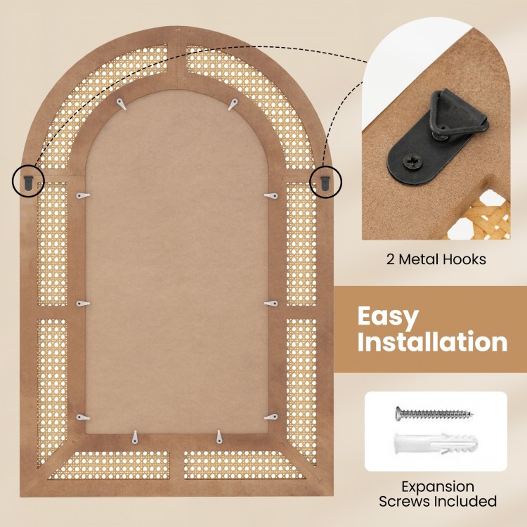 Rattan wall-mounted decorative mirror with wooden frame, featuring easy installation hooks and expansion screws.