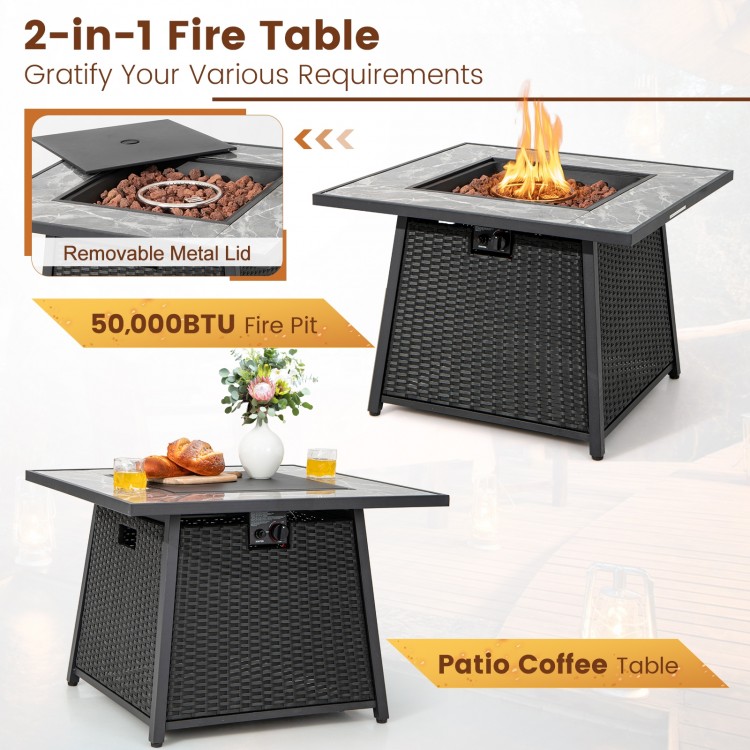 Patio coffee table with 50,000 BTU fire pit, featuring a removable metal lid and durable PE wicker for outdoor use.