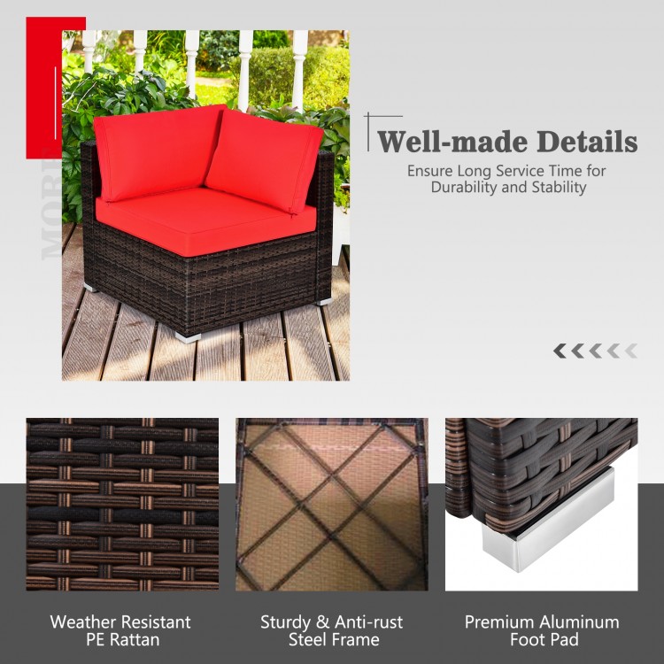 Corner chair from the 7-piece patio furniture set with red cushions, made of weather-resistant PE rattan for outdoor.