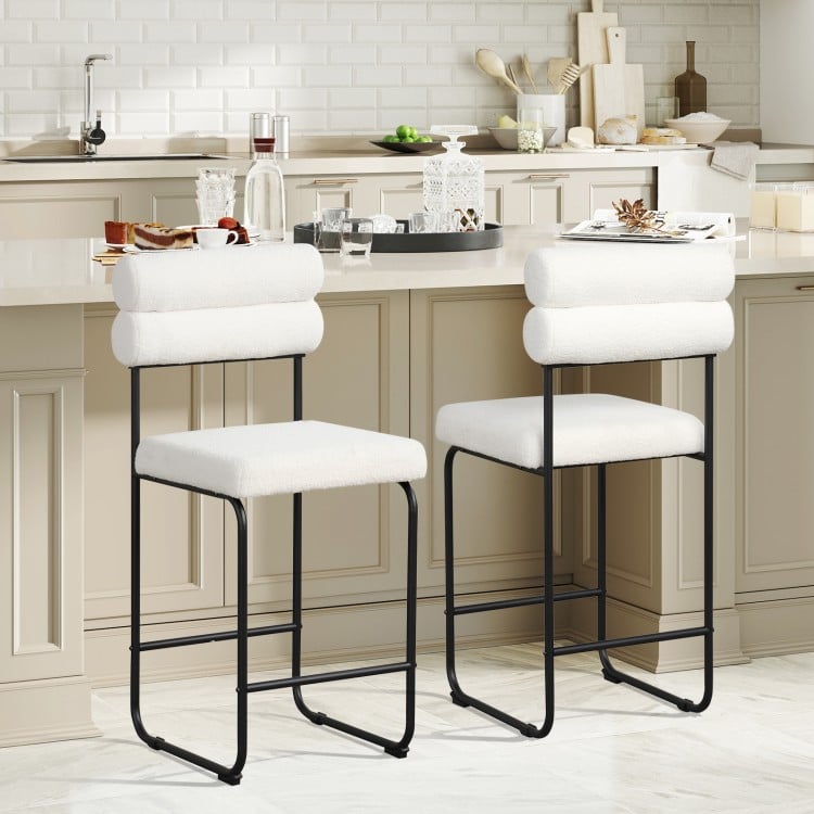Counter height bar stools set of 2 with white teddy fabric upholstery and metal frame, ideal for kitchen islands.