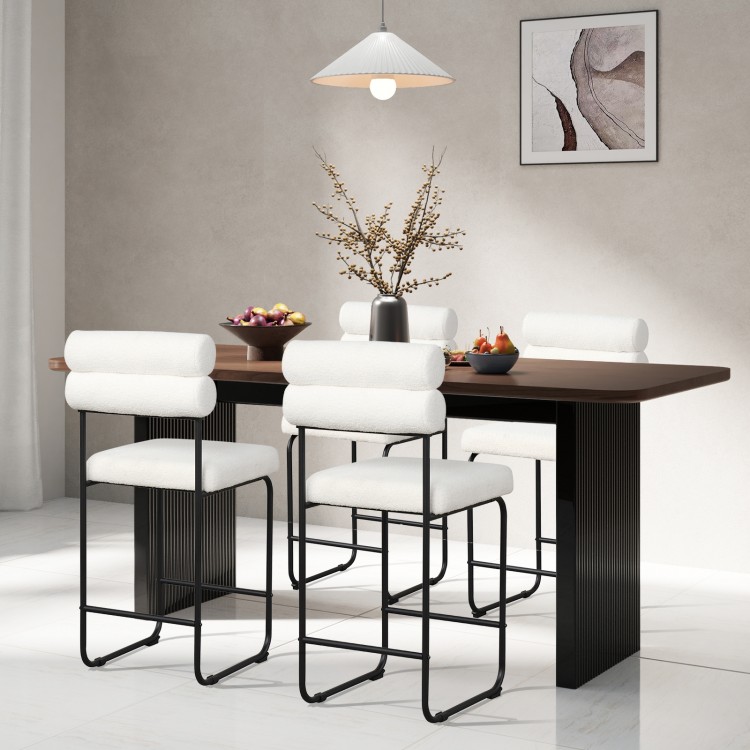Counter height bar stools set of 2 with white teddy fabric upholstery and metal frame, ideal for dining or kitchen use.