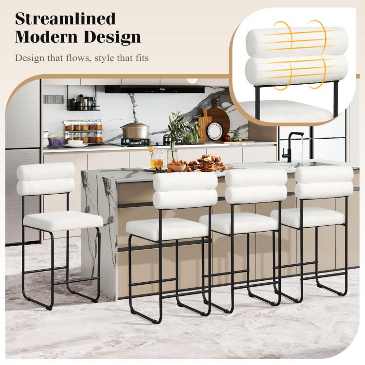 Set of two 26-inch white counter height bar stools with metal frame, featuring a thick backrest and ergonomic footrest.