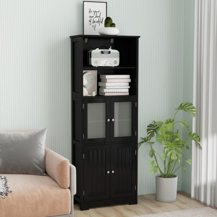 Freestanding black bathroom cabinet featuring 2 open shelves and 2 glass-door cabinets for versatile storage.