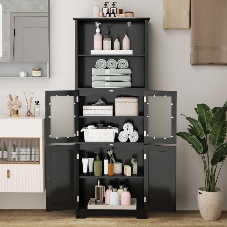 6-tier black bathroom cabinet featuring 2 open shelves, adjustable shelves, and cabinets for ample storage space.