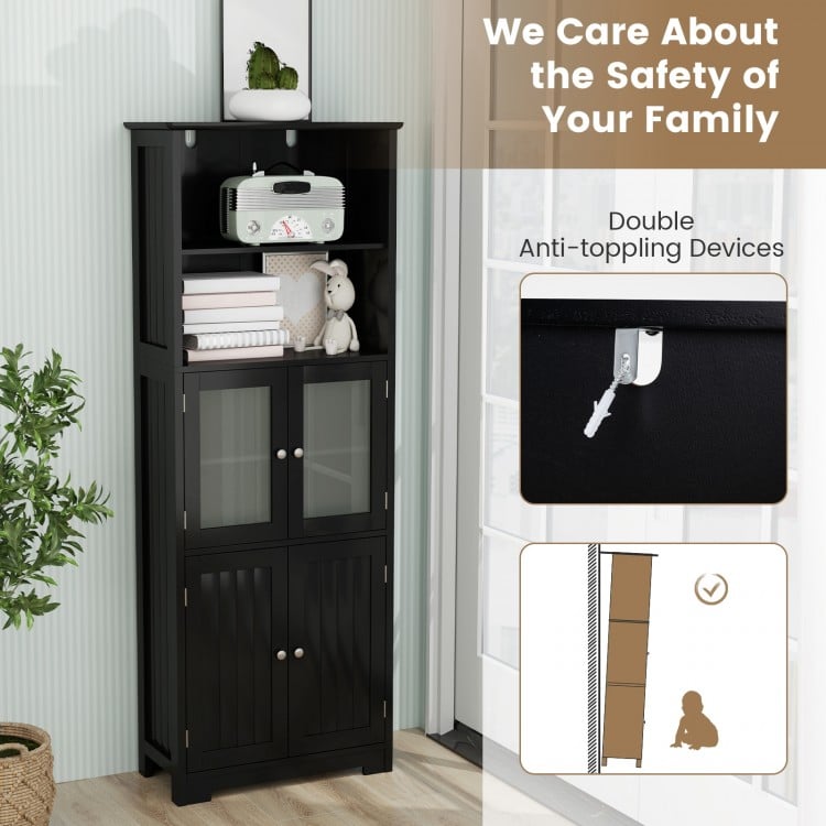 6-tier black bathroom cabinet featuring 2 open shelves, adjustable shelves, and anti-toppling devices for safety.