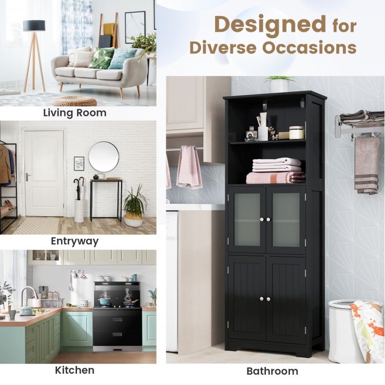 6-tier freestanding bathroom cabinet in black with adjustable shelves and glass doors, perfect for versatile home.